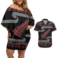 New Zealand Christmas Couples Matching Off Shoulder Short Dress and Hawaiian Shirt Meri Kirihimete Silver Fern Knit Style Red Color LT03 Red - Polynesian Pride