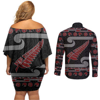 New Zealand Christmas Couples Matching Off Shoulder Short Dress and Long Sleeve Button Shirt Meri Kirihimete Silver Fern Knit Style Red Color LT03 - Polynesian Pride