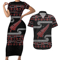 New Zealand Christmas Couples Matching Short Sleeve Bodycon Dress and Hawaiian Shirt Meri Kirihimete Silver Fern Knit Style Red Color LT03 Red - Polynesian Pride