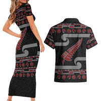 New Zealand Christmas Couples Matching Short Sleeve Bodycon Dress and Hawaiian Shirt Meri Kirihimete Silver Fern Knit Style Red Color LT03 - Polynesian Pride