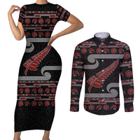 New Zealand Christmas Couples Matching Short Sleeve Bodycon Dress and Long Sleeve Button Shirt Meri Kirihimete Silver Fern Knit Style Red Color LT03 Red - Polynesian Pride