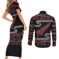 New Zealand Christmas Couples Matching Short Sleeve Bodycon Dress and Long Sleeve Button Shirt Meri Kirihimete Silver Fern Knit Style Red Color LT03 - Polynesian Pride