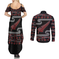 New Zealand Christmas Couples Matching Summer Maxi Dress and Long Sleeve Button Shirt Meri Kirihimete Silver Fern Knit Style Red Color LT03 - Polynesian Pride