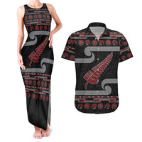 New Zealand Christmas Couples Matching Tank Maxi Dress and Hawaiian Shirt Meri Kirihimete Silver Fern Knit Style Red Color LT03 Red - Polynesian Pride