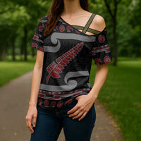 New Zealand Christmas Cross Shoulder Shirt Meri Kirihimete Silver Fern Knit Style Red Color LT03 - Polynesian Pride
