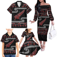 New Zealand Christmas Family Matching Off The Shoulder Long Sleeve Dress and Hawaiian Shirt Meri Kirihimete Silver Fern Knit Style Red Color LT03 - Polynesian Pride