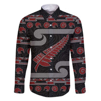 New Zealand Christmas Family Matching Off Shoulder Maxi Dress and Hawaiian Shirt Meri Kirihimete Silver Fern Knit Style Red Color LT03 Dad's Shirt - Long Sleeve Red - Polynesian Pride
