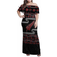 New Zealand Christmas Family Matching Off Shoulder Maxi Dress and Hawaiian Shirt Meri Kirihimete Silver Fern Knit Style Red Color LT03 Mom's Dress Red - Polynesian Pride