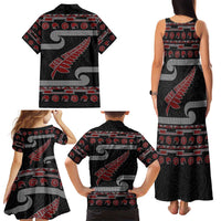 New Zealand Christmas Family Matching Tank Maxi Dress and Hawaiian Shirt Meri Kirihimete Silver Fern Knit Style Red Color LT03 - Polynesian Pride