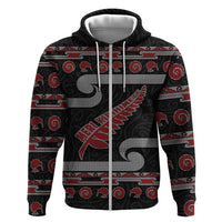 New Zealand Christmas Hoodie Meri Kirihimete Silver Fern Knit Style Red Color LT03 Zip Hoodie Red - Polynesian Pride