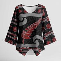 New Zealand Christmas Kimono Sleeve Blouse Meri Kirihimete Silver Fern Knit Style Red Color LT03 Female Red - Polynesian Pride