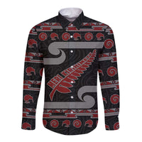 New Zealand Christmas Long Sleeve Button Shirt Meri Kirihimete Silver Fern Knit Style Red Color LT03 Unisex Red - Polynesian Pride