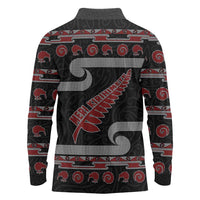 New Zealand Christmas Long Sleeve Polo Shirt Meri Kirihimete Silver Fern Knit Style Red Color LT03 - Polynesian Pride