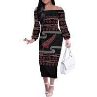 New Zealand Christmas Off The Shoulder Long Sleeve Dress Meri Kirihimete Silver Fern Knit Style Red Color LT03 Women Red - Polynesian Pride