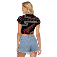 New Zealand Christmas Raglan Cropped T Shirt Meri Kirihimete Silver Fern Knit Style Red Color LT03 - Polynesian Pride