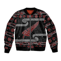 New Zealand Christmas Sleeve Zip Bomber Jacket Meri Kirihimete Silver Fern Knit Style Red Color LT03 Unisex Red - Polynesian Pride
