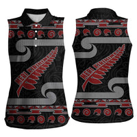 New Zealand Christmas Women Sleeveless Polo Shirt Meri Kirihimete Silver Fern Knit Style Red Color LT03 - Polynesian Pride