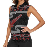 New Zealand Christmas Women Sleeveless Polo Shirt Meri Kirihimete Silver Fern Knit Style Red Color LT03 - Polynesian Pride