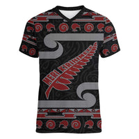 New Zealand Christmas Women V-Neck T-Shirt Meri Kirihimete Silver Fern Knit Style Red Color LT03 Female Red - Polynesian Pride