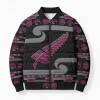 New Zealand Christmas Bomber Puffer Jacket Meri Kirihimete Silver Fern Knit Style Pink Color LT03 Unisex Pink - Polynesian Pride