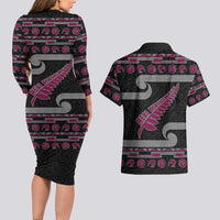 New Zealand Christmas Couples Matching Long Sleeve Bodycon Dress and Hawaiian Shirt Meri Kirihimete Silver Fern Knit Style Pink Color LT03 - Polynesian Pride