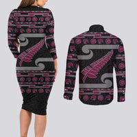 New Zealand Christmas Couples Matching Long Sleeve Bodycon Dress and Long Sleeve Button Shirt Meri Kirihimete Silver Fern Knit Style Pink Color LT03 - Polynesian Pride