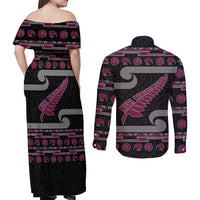 New Zealand Christmas Couples Matching Off Shoulder Maxi Dress and Long Sleeve Button Shirt Meri Kirihimete Silver Fern Knit Style Pink Color LT03 - Polynesian Pride