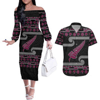 New Zealand Christmas Couples Matching Off The Shoulder Long Sleeve Dress and Hawaiian Shirt Meri Kirihimete Silver Fern Knit Style Pink Color LT03 Pink - Polynesian Pride