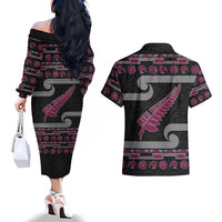 New Zealand Christmas Couples Matching Off The Shoulder Long Sleeve Dress and Hawaiian Shirt Meri Kirihimete Silver Fern Knit Style Pink Color LT03 - Polynesian Pride