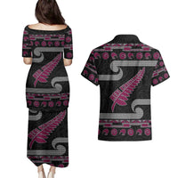 New Zealand Christmas Couples Matching Puletasi and Hawaiian Shirt Meri Kirihimete Silver Fern Knit Style Pink Color LT03 - Polynesian Pride