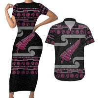 New Zealand Christmas Couples Matching Short Sleeve Bodycon Dress and Hawaiian Shirt Meri Kirihimete Silver Fern Knit Style Pink Color LT03 Pink - Polynesian Pride