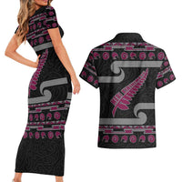 New Zealand Christmas Couples Matching Short Sleeve Bodycon Dress and Hawaiian Shirt Meri Kirihimete Silver Fern Knit Style Pink Color LT03 - Polynesian Pride