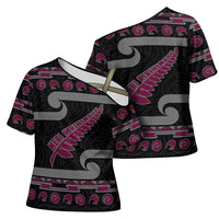 New Zealand Christmas Cross Shoulder Shirt Meri Kirihimete Silver Fern Knit Style Pink Color LT03 - Polynesian Pride