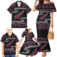 New Zealand Christmas Family Matching Mermaid Dress and Hawaiian Shirt Meri Kirihimete Silver Fern Knit Style Pink Color LT03 - Polynesian Pride