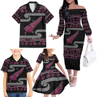 New Zealand Christmas Family Matching Off The Shoulder Long Sleeve Dress and Hawaiian Shirt Meri Kirihimete Silver Fern Knit Style Pink Color LT03 - Polynesian Pride