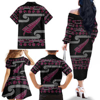 New Zealand Christmas Family Matching Off The Shoulder Long Sleeve Dress and Hawaiian Shirt Meri Kirihimete Silver Fern Knit Style Pink Color LT03 - Polynesian Pride