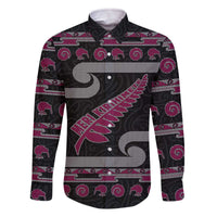 New Zealand Christmas Family Matching Off The Shoulder Long Sleeve Dress and Hawaiian Shirt Meri Kirihimete Silver Fern Knit Style Pink Color LT03 Dad's Shirt - Long Sleeve Pink - Polynesian Pride