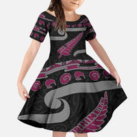 New Zealand Christmas Family Matching Off Shoulder Maxi Dress and Hawaiian Shirt Meri Kirihimete Silver Fern Knit Style Pink Color LT03 Daughter's Dress Pink - Polynesian Pride