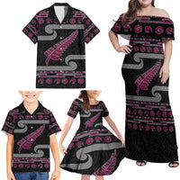 New Zealand Christmas Family Matching Off Shoulder Maxi Dress and Hawaiian Shirt Meri Kirihimete Silver Fern Knit Style Pink Color LT03 - Polynesian Pride