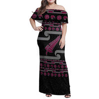 New Zealand Christmas Family Matching Off Shoulder Maxi Dress and Hawaiian Shirt Meri Kirihimete Silver Fern Knit Style Pink Color LT03 Mom's Dress Pink - Polynesian Pride