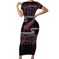 New Zealand Christmas Family Matching Short Sleeve Bodycon Dress and Hawaiian Shirt Meri Kirihimete Silver Fern Knit Style Pink Color LT03 Mom's Dress Pink - Polynesian Pride