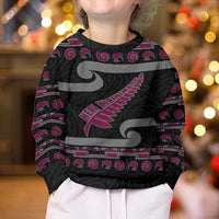 New Zealand Christmas Kid Ugly Christmas Sweater Meri Kirihimete Silver Fern Knit Style Pink Color LT03 - Polynesian Pride