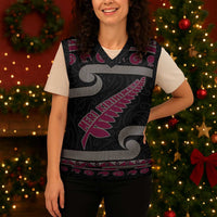 New Zealand Christmas Knitted V-Neck Vest Meri Kirihimete Silver Fern Knit Style Pink Color LT03 - Polynesian Pride