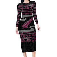 New Zealand Christmas Long Sleeve Bodycon Dress Meri Kirihimete Silver Fern Knit Style Pink Color LT03 Long Dress Pink - Polynesian Pride