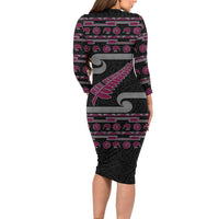 New Zealand Christmas Long Sleeve Bodycon Dress Meri Kirihimete Silver Fern Knit Style Pink Color LT03 - Polynesian Pride