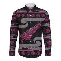 New Zealand Christmas Long Sleeve Button Shirt Meri Kirihimete Silver Fern Knit Style Pink Color LT03 Unisex Pink - Polynesian Pride