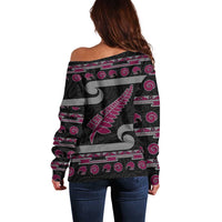 New Zealand Christmas Off Shoulder Sweater Meri Kirihimete Silver Fern Knit Style Pink Color LT03 - Polynesian Pride