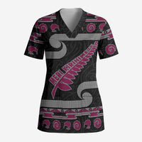 New Zealand Christmas Scrub Top Meri Kirihimete Silver Fern Knit Style Pink Color LT03 Adult Pink - Polynesian Pride