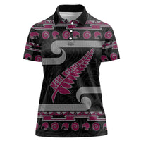 New Zealand Christmas Women Polo Shirt Meri Kirihimete Silver Fern Knit Style Pink Color - Polynesian Pride