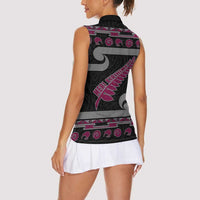 New Zealand Christmas Women Sleeveless Polo Shirt Meri Kirihimete Silver Fern Knit Style Pink Color LT03 - Polynesian Pride